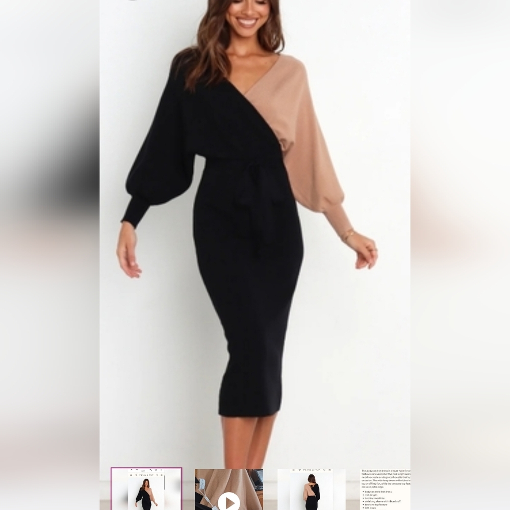 Petal & Pup (Nate) Knit Black and Beige  Wrap Midi Dress